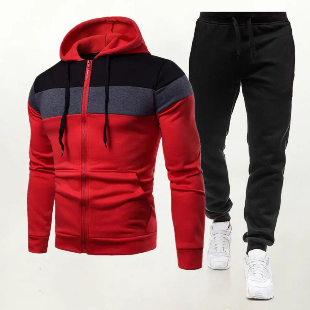 Zipper Closure Coat Set Men Fall Sportswear Set Colorblock Hooded Men's Tracksuit Set with Zipper Closure Elastic Waist