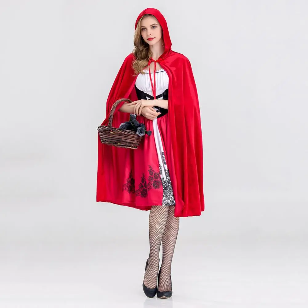 Women Hooded Cloak Dress Set Gothic Little Witch Maid Cosplay Outfit Red Hat Witch Cloak Dress Suit Halloween Cosplay Costume
