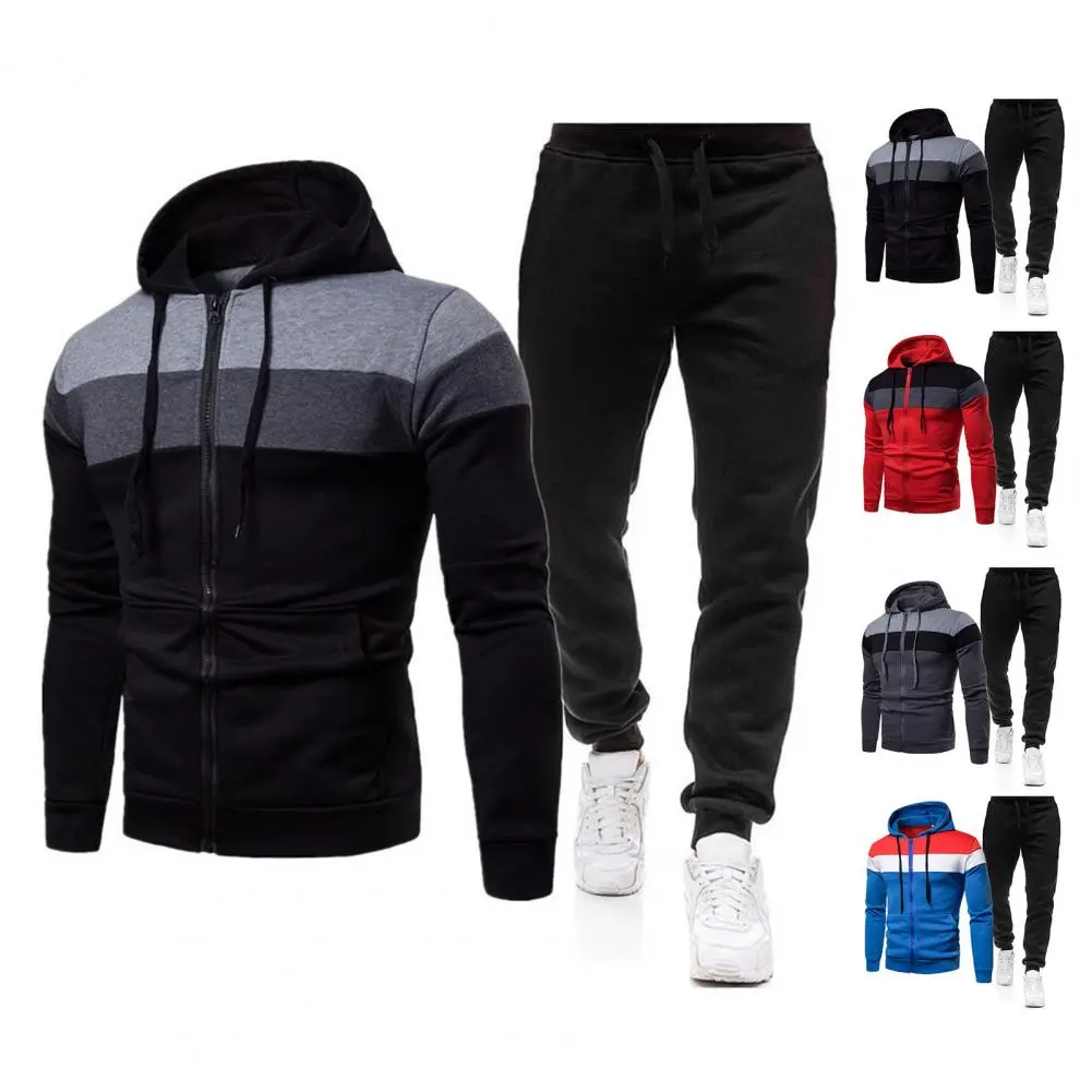 Zipper Closure Coat Set Men Fall Sportswear Set Colorblock Hooded Men's Tracksuit Set with Zipper Closure Elastic Waist