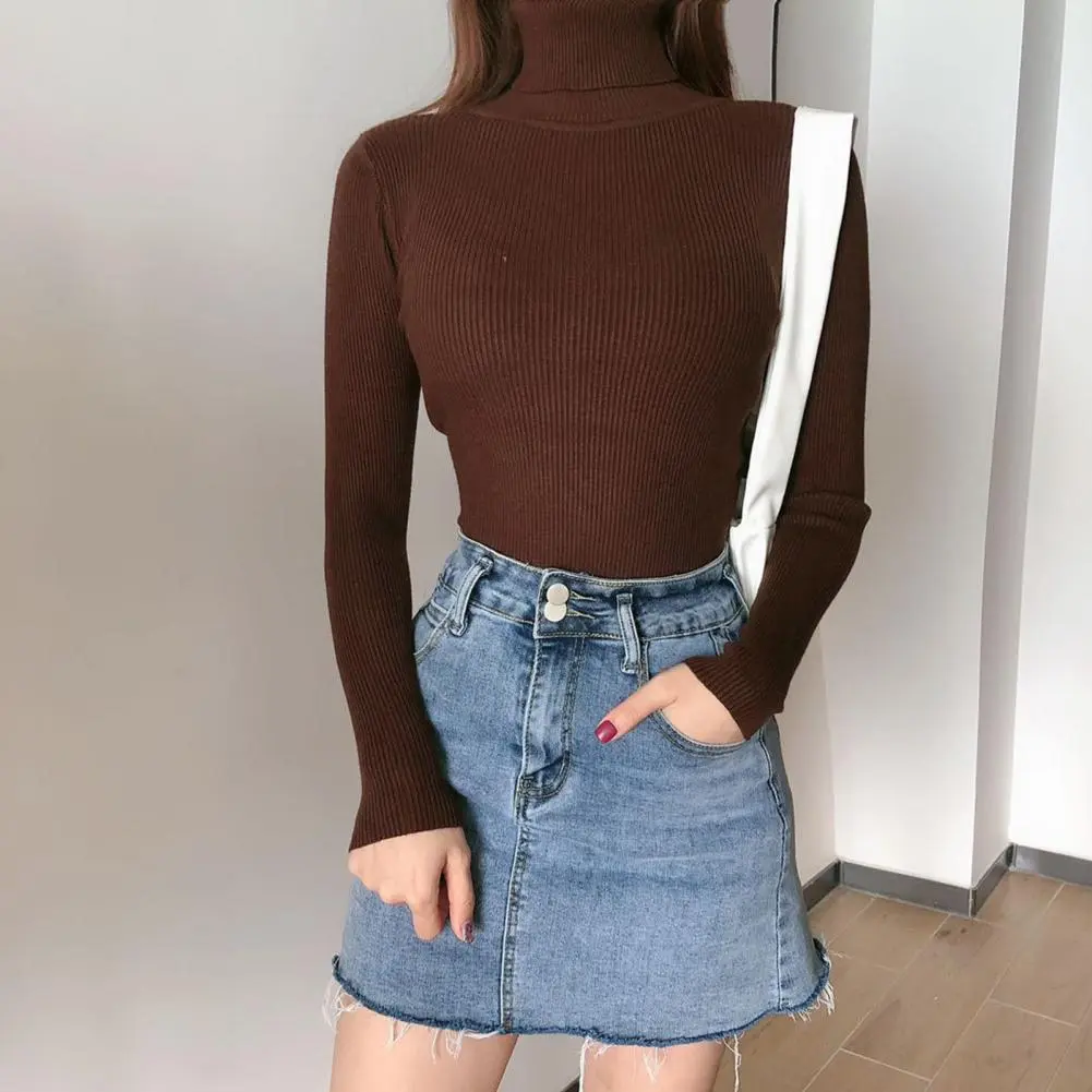 Slim-fit Tops Slim Fit Knitting Tops Elegant Turtleneck Sweater for Women Slim Fit Knit Top with Long Sleeves Stylish for Wear