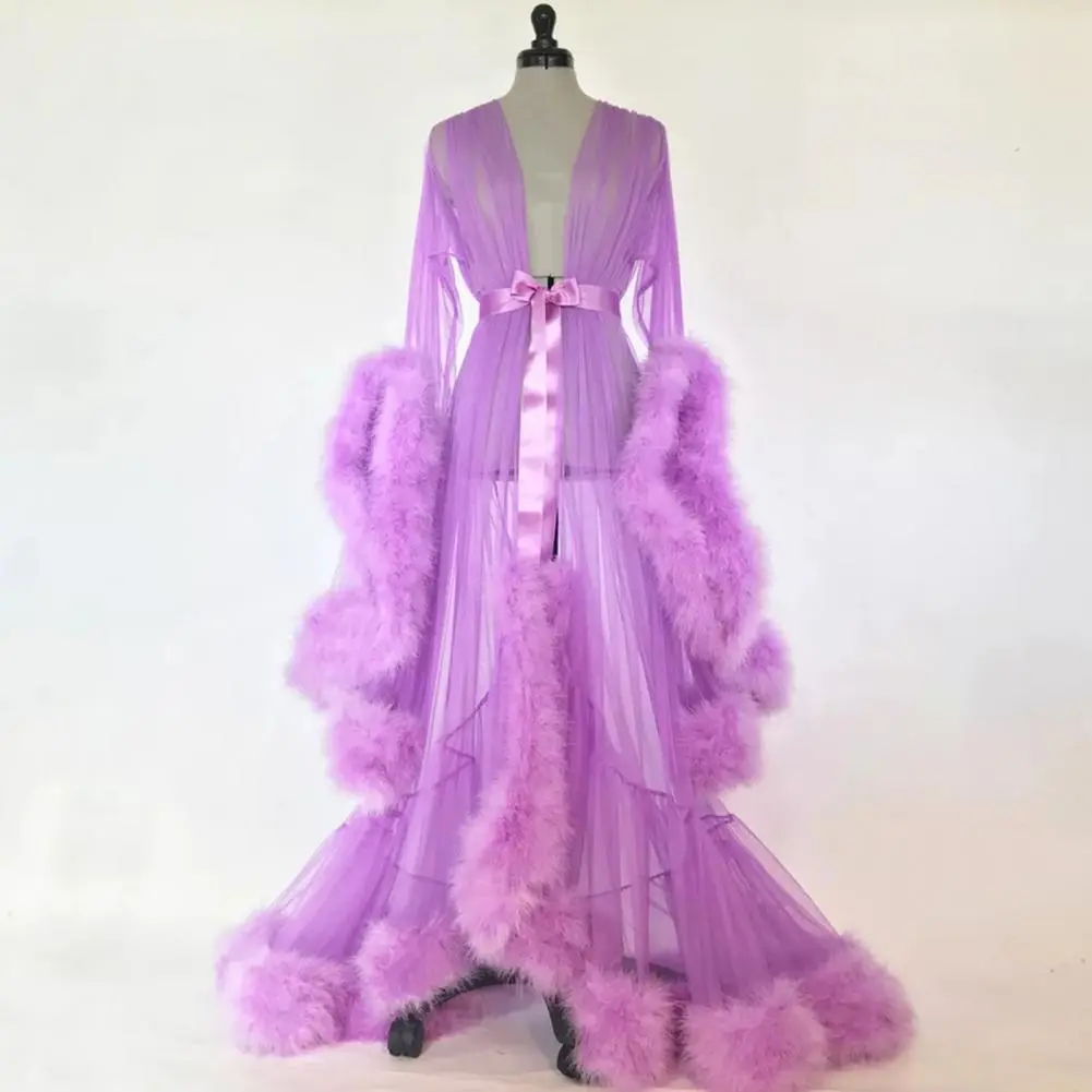 Fluffy Sleeve Cocktail Party Dress Women Bath Party Dress See-through Wedding Night Nightdress Translucent Bathrobe Mesh Dress