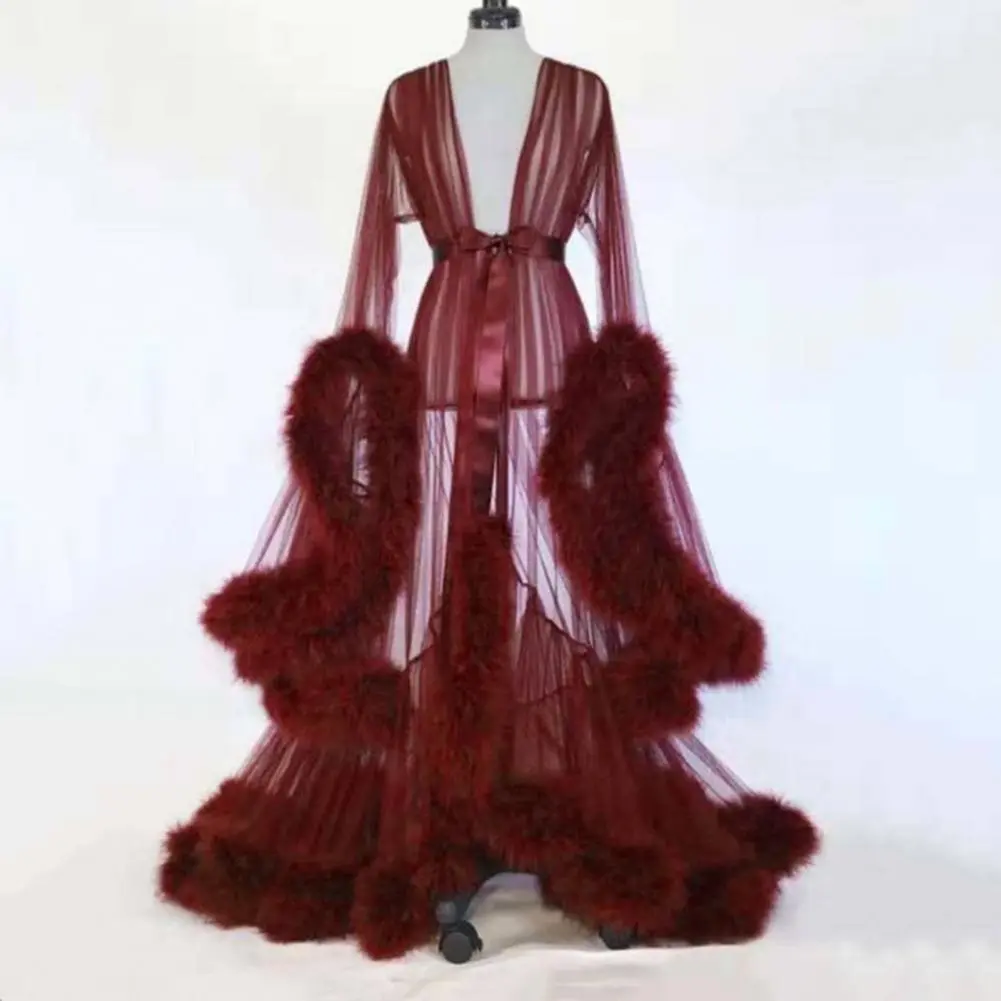 Fluffy Sleeve Cocktail Party Dress Women Bath Party Dress See-through Wedding Night Nightdress Translucent Bathrobe Mesh Dress