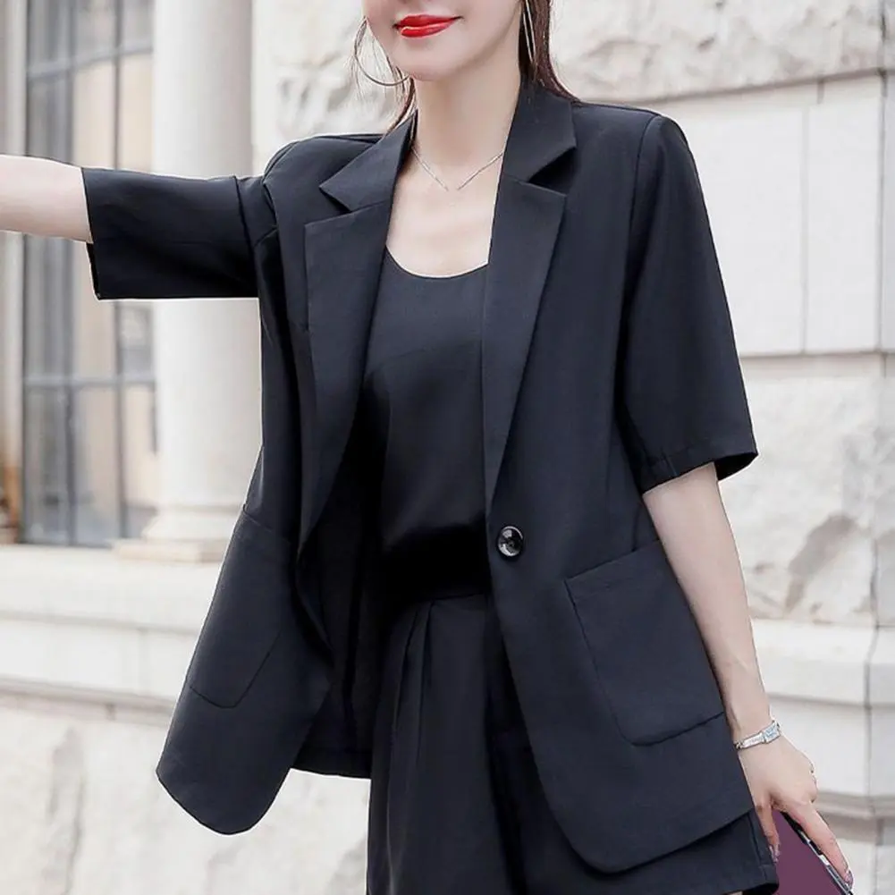 Three Pieces Women Blazer Coat Vest Pants Set Short Sleeve Open Front Blazer Sleeveless Tank Top Shorts Set Chic Business Set