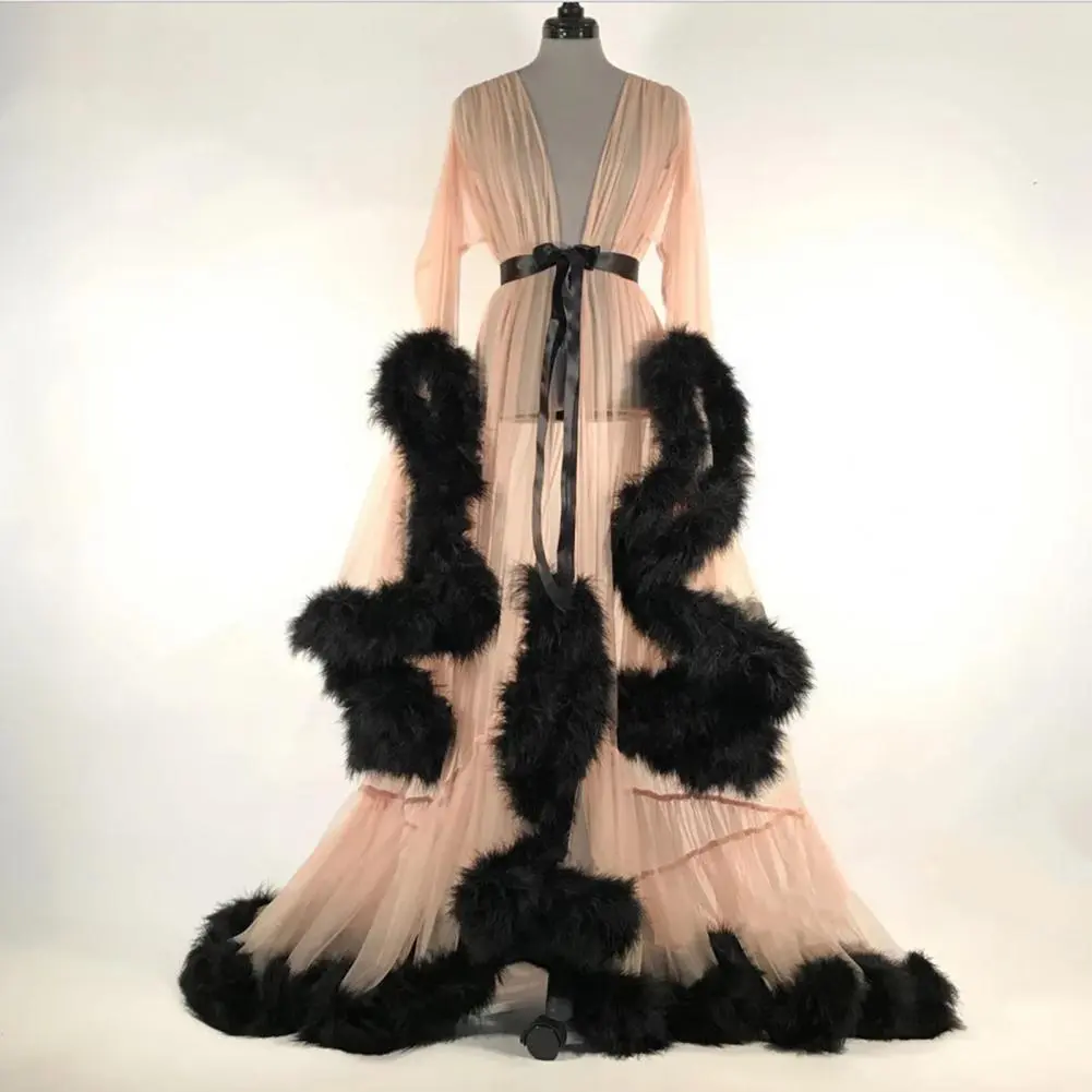 Fluffy Sleeve Cocktail Party Dress Women Bath Party Dress See-through Wedding Night Nightdress Translucent Bathrobe Mesh Dress