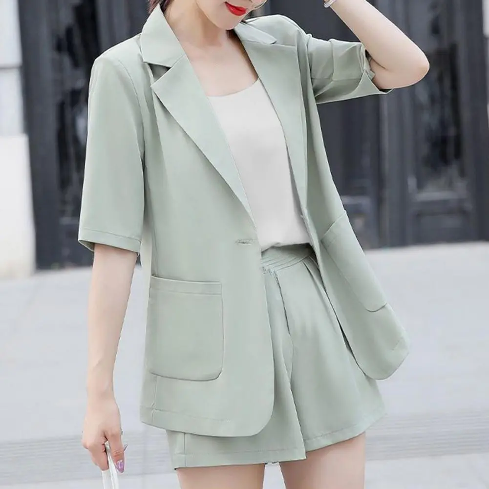 Three Pieces Women Blazer Coat Vest Pants Set Short Sleeve Open Front Blazer Sleeveless Tank Top Shorts Set Chic Business Set