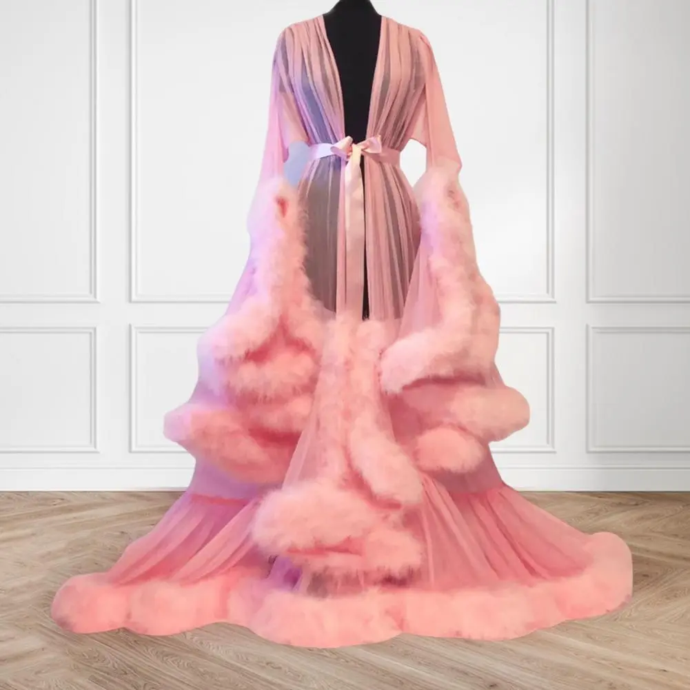 Fluffy Sleeve Cocktail Party Dress Women Bath Party Dress See-through Wedding Night Nightdress Translucent Bathrobe Mesh Dress