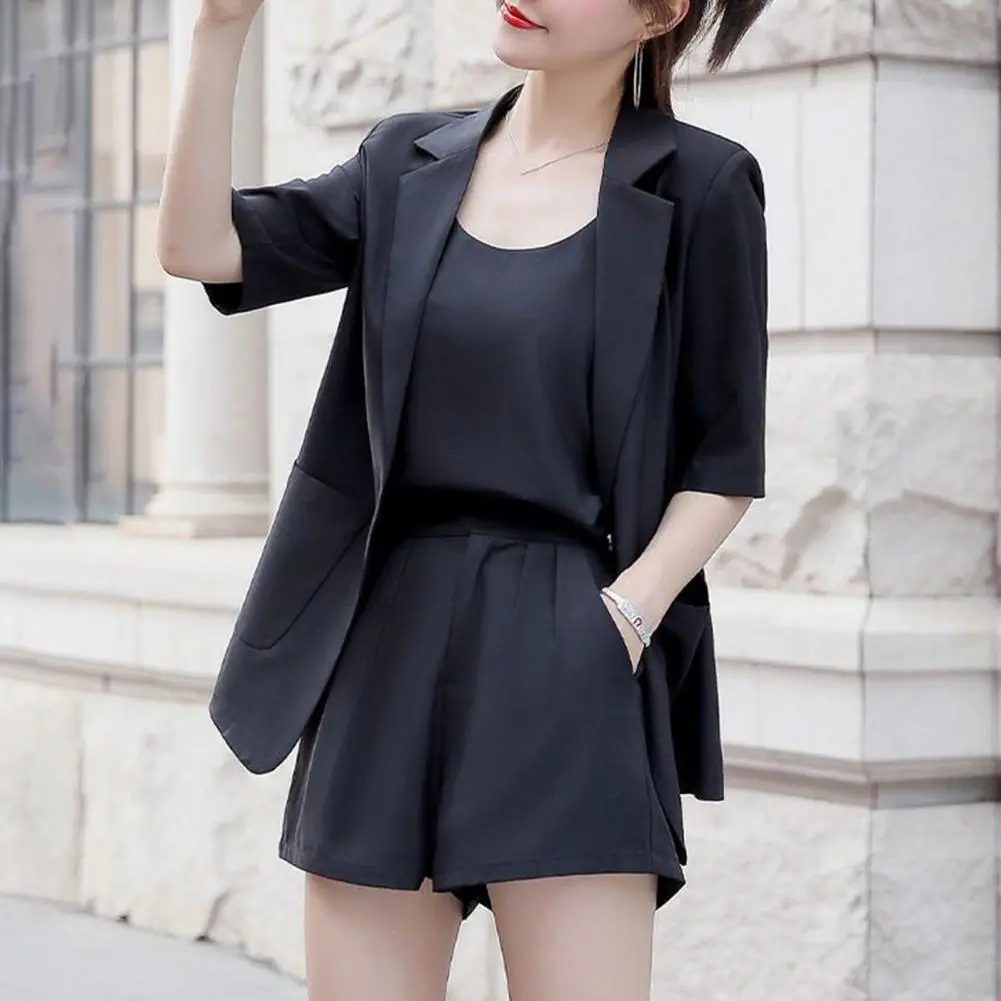 Three Pieces Women Blazer Coat Vest Pants Set Short Sleeve Open Front Blazer Sleeveless Tank Top Shorts Set Chic Business Set