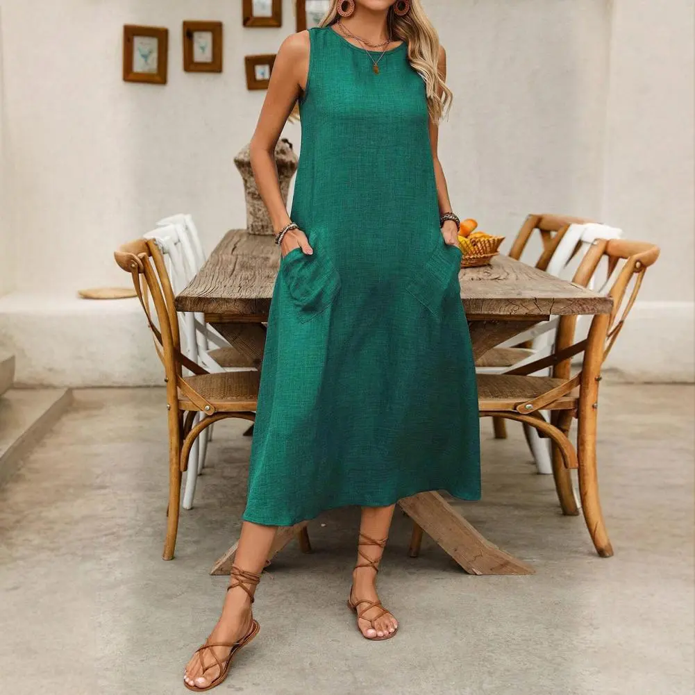 2025 New Women's Sleeveless Long Dress Casual Crew Neck Maxi Dress Spring And Summer Round Neck Sleeveless Pocket Pullover Dress