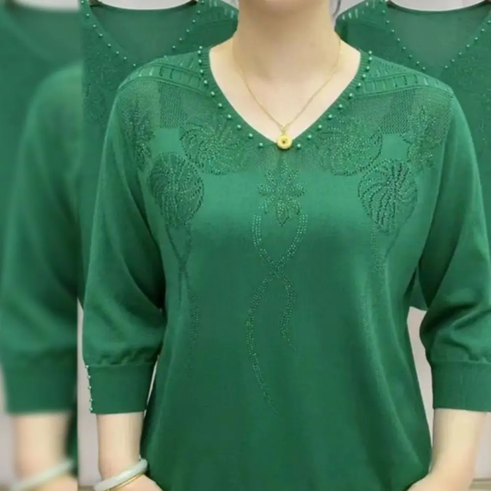 Women Blouse Loose Long Sleeve Thin Knitted Pullover 3/4 Sleeve Flower Bead Stitching Blouse Sweater Top summer Mother Blouse
