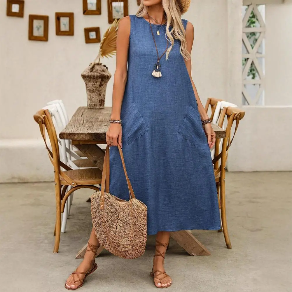 2025 New Women's Sleeveless Long Dress Casual Crew Neck Maxi Dress Spring And Summer Round Neck Sleeveless Pocket Pullover Dress