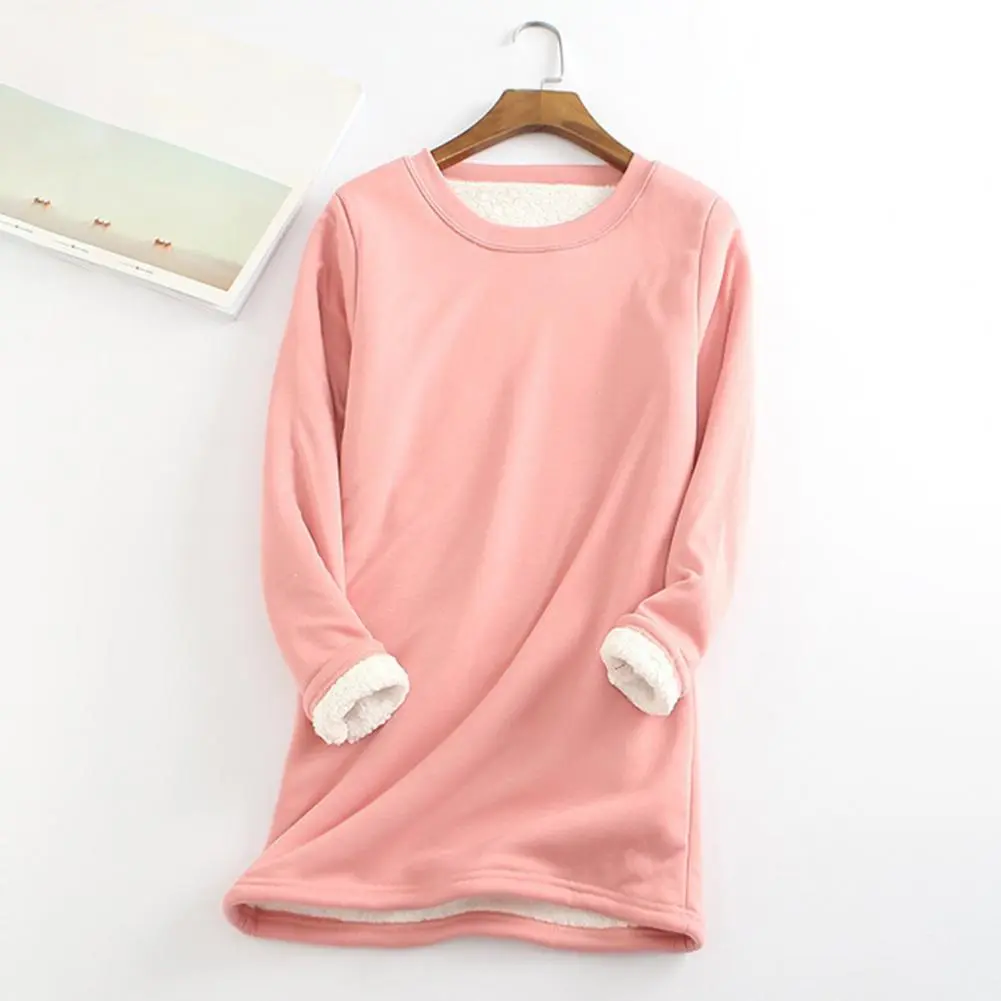 2025 Women Blouse Solid Color Plush Lining Autumn Winter Women Base Shirt Midi-Length Loose Base Pullover Shirt for Daily Wear