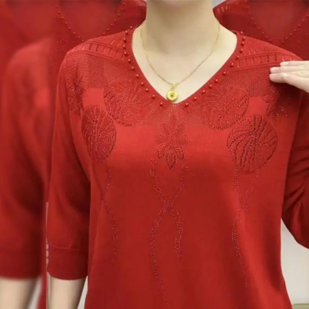 Women Blouse Loose Long Sleeve Thin Knitted Pullover 3/4 Sleeve Flower Bead Stitching Blouse Sweater Top summer Mother Blouse