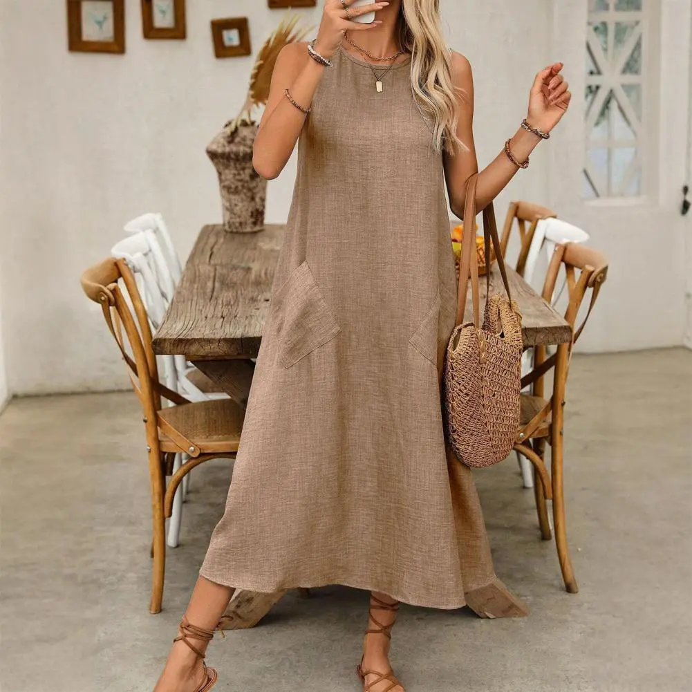 2025 New Women's Sleeveless Long Dress Casual Crew Neck Maxi Dress Spring And Summer Round Neck Sleeveless Pocket Pullover Dress