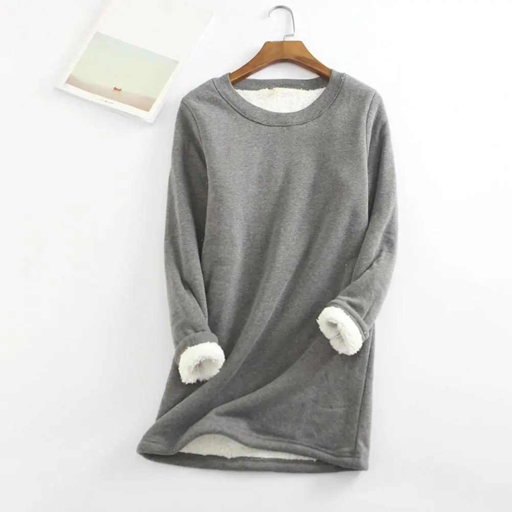 2025 Women Blouse Solid Color Plush Lining Autumn Winter Women Base Shirt Midi-Length Loose Base Pullover Shirt for Daily Wear