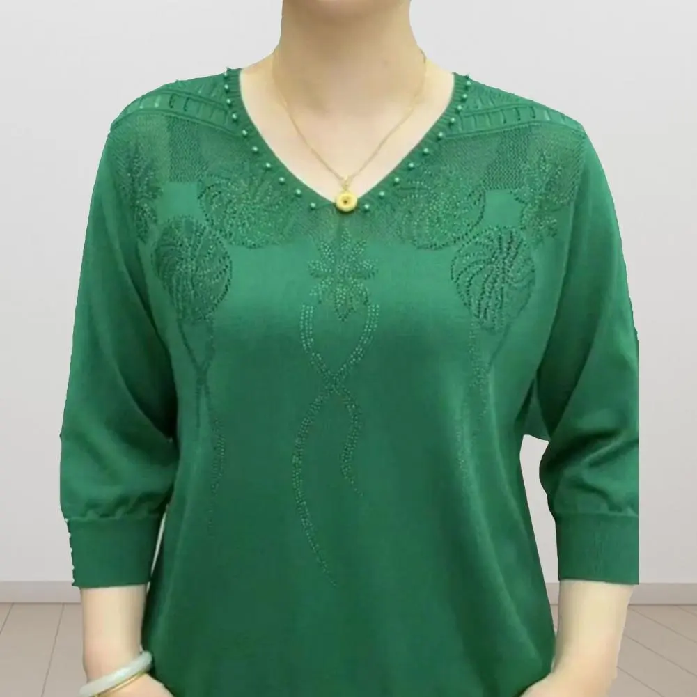Women Blouse Loose Long Sleeve Thin Knitted Pullover 3/4 Sleeve Flower Bead Stitching Blouse Sweater Top summer Mother Blouse