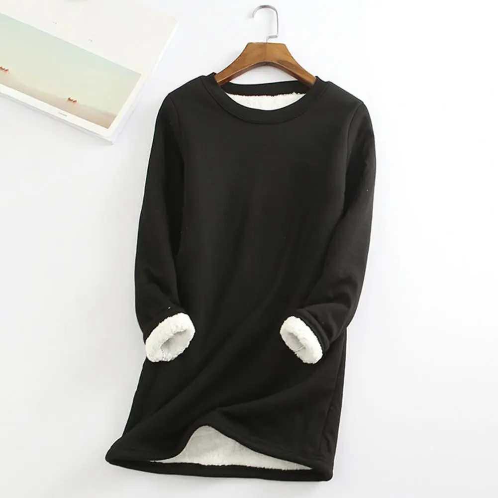 2025 Women Blouse Solid Color Plush Lining Autumn Winter Women Base Shirt Midi-Length Loose Base Pullover Shirt for Daily Wear