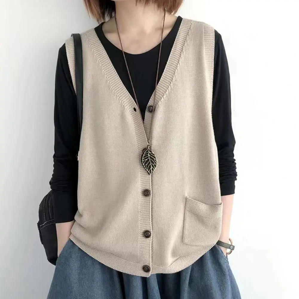 Women Knitting Vest V-Neck Button Sleeveless Casual Fashion Office Lady Elegant Tank Top Sweater Vest Knitted Cardigan Vest Coat