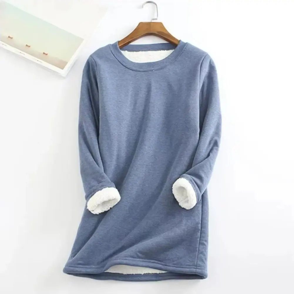 2025 Women Blouse Solid Color Plush Lining Autumn Winter Women Base Shirt Midi-Length Loose Base Pullover Shirt for Daily Wear