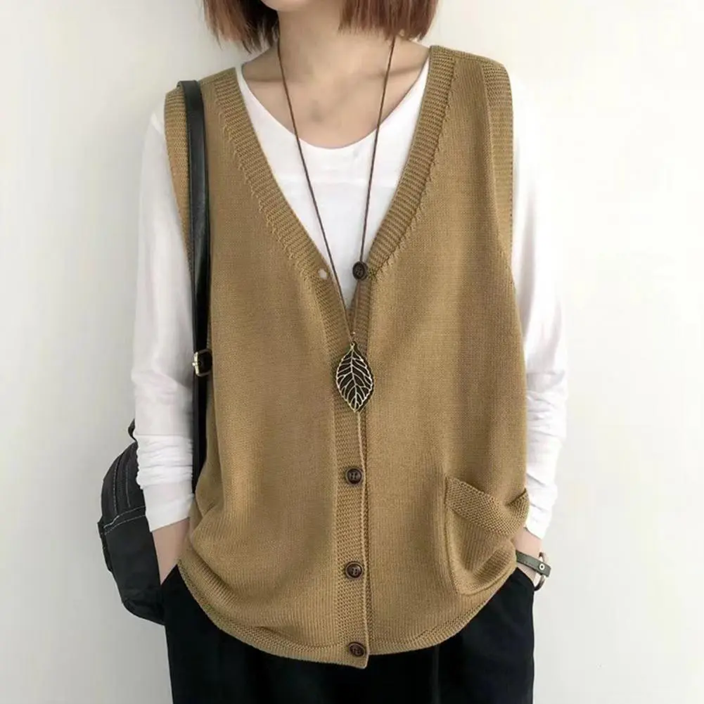 Women Knitting Vest V-Neck Button Sleeveless Casual Fashion Office Lady Elegant Tank Top Sweater Vest Knitted Cardigan Vest Coat