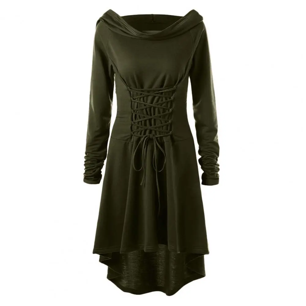 Women Milk Silk Dress Hooded Long Sleeves Lace-up Strap Slim Waist Irregular Hem Women Midi Dress Festival Party Halloween Dress