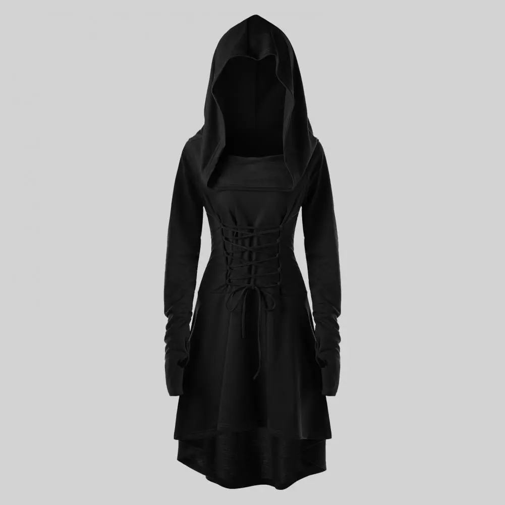 Women Milk Silk Dress Hooded Long Sleeves Lace-up Strap Slim Waist Irregular Hem Women Midi Dress Festival Party Halloween Dress