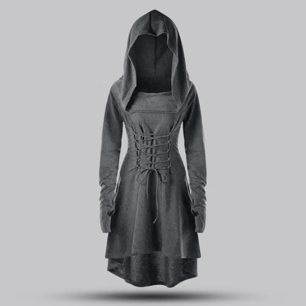 Women Milk Silk Dress Hooded Long Sleeves Lace-up Strap Slim Waist Irregular Hem Women Midi Dress Festival Party Halloween Dress