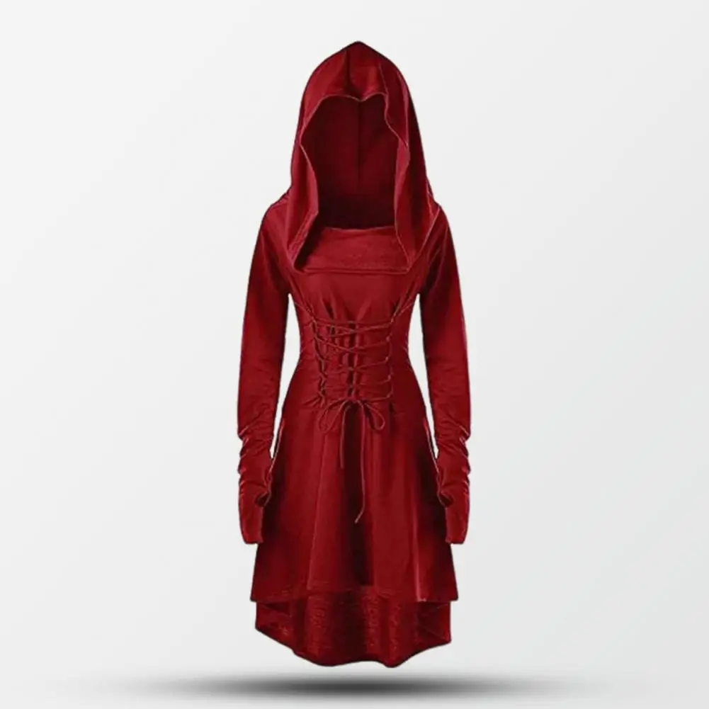 Women Milk Silk Dress Hooded Long Sleeves Lace-up Strap Slim Waist Irregular Hem Women Midi Dress Festival Party Halloween Dress