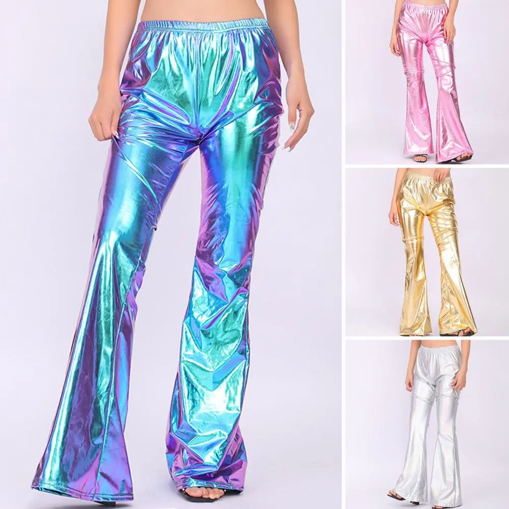 Women Bell-bottomed Pants Girls Flared Pants Vintage Disco Party Costume Clubwear Women's Shiny Metallic Bell-bottomed for Stage