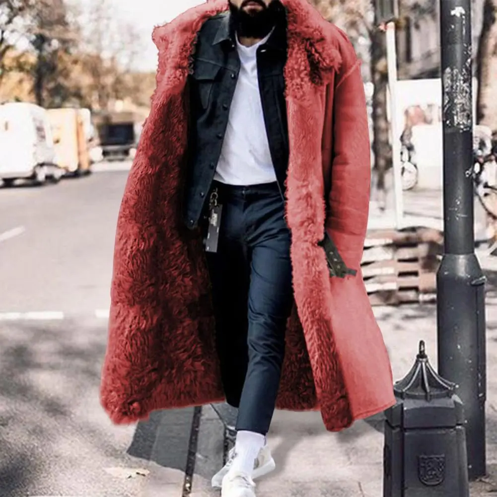 Faux Fur Men jacket Buttons Mid-calf Length Men Winter Overcoat Thicken Plush Thermal Warm Men Coat Men's Furry Coat Outwear