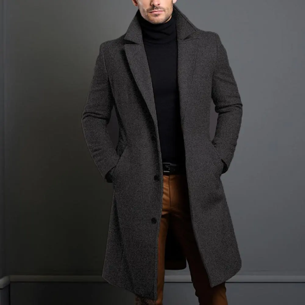 Men Woolen Coat Autumn Winter Single-breasted Long Sleeve Woolen Jacket Korean Casual Fashion Woolen Trench Coats Men Outwear
