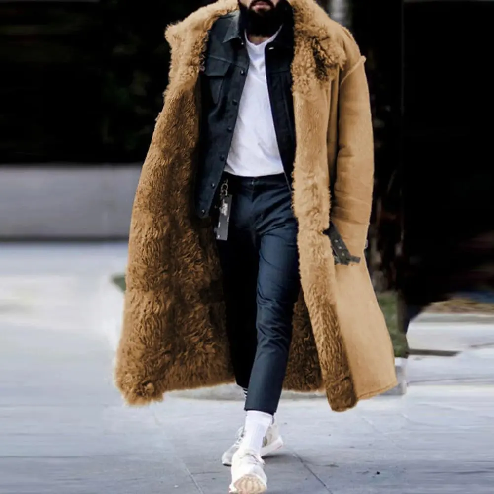 Faux Fur Men jacket Buttons Mid-calf Length Men Winter Overcoat Thicken Plush Thermal Warm Men Coat Men's Furry Coat Outwear