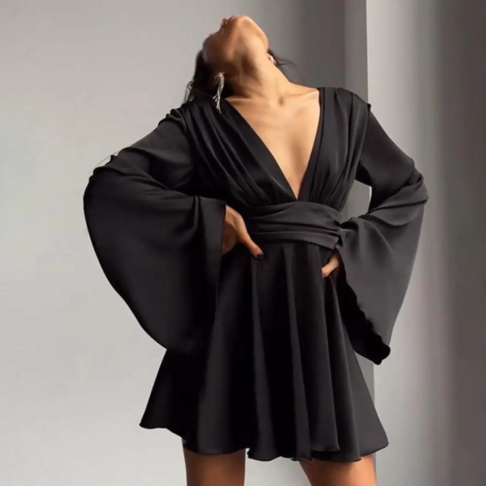 Women's Satin Mini Dress Flared Long Sleeve Deep V-Neck Short Dress Elegant  A-line High Waisted Club Cocktail Party Cute Dress
