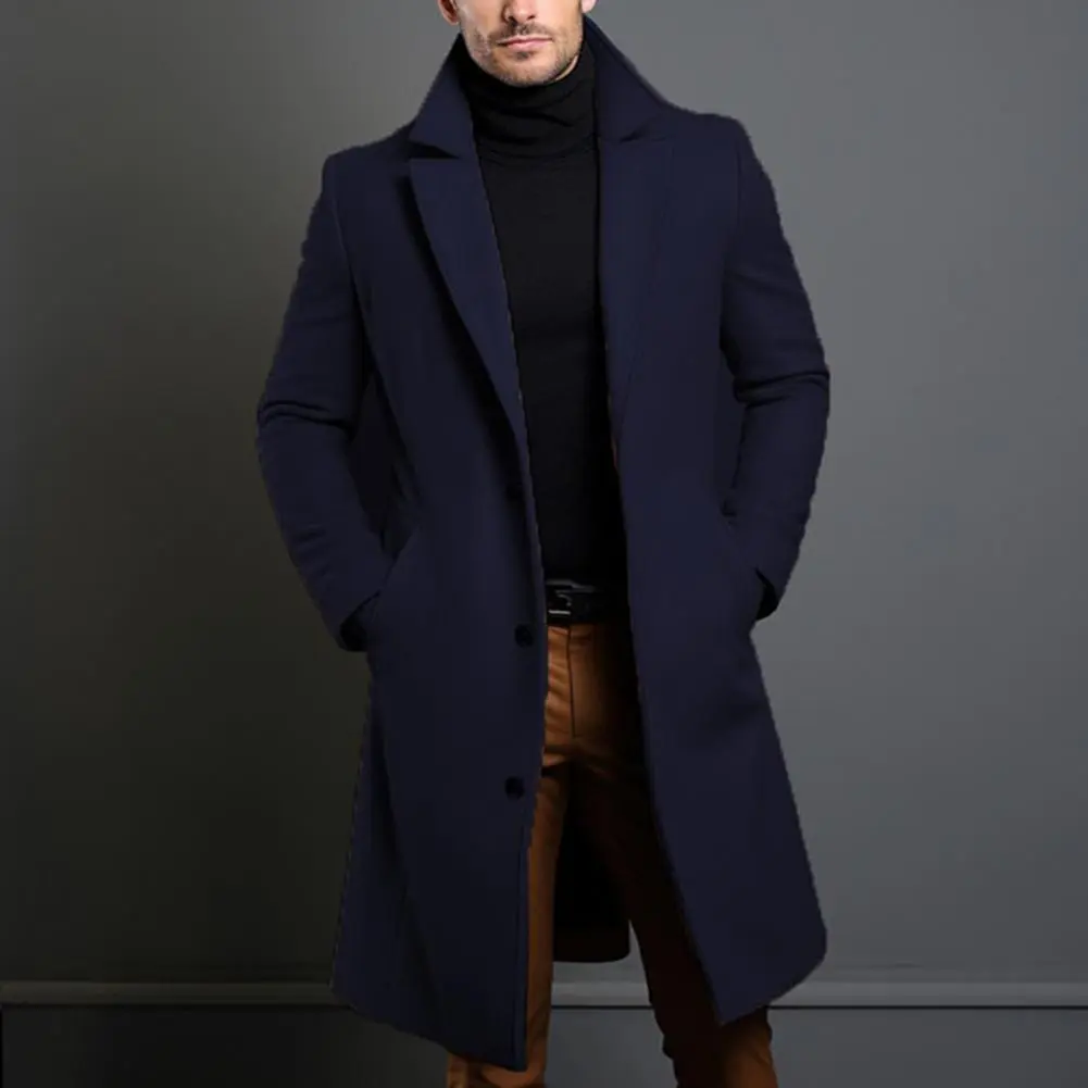 Men Woolen Coat Autumn Winter Single-breasted Long Sleeve Woolen Jacket Korean Casual Fashion Woolen Trench Coats Men Outwear