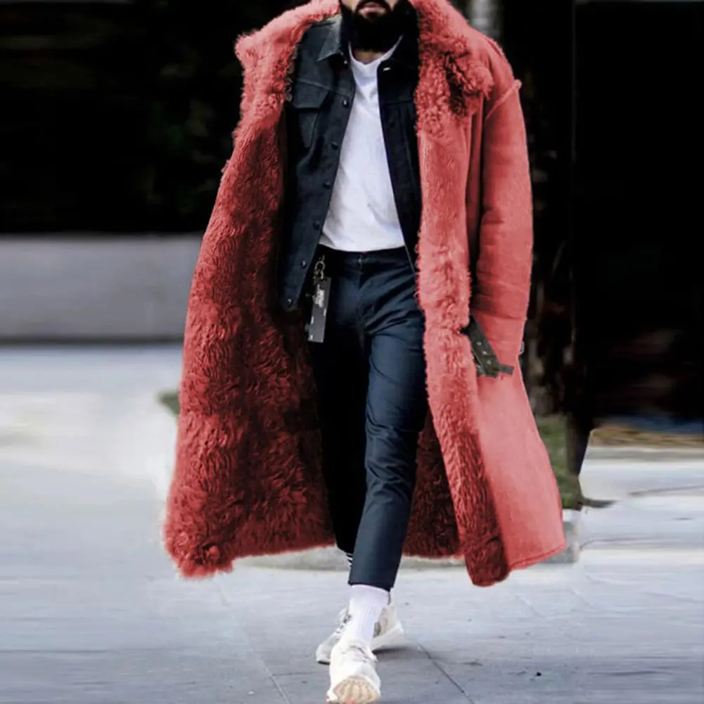 Faux Fur Men jacket Buttons Mid-calf Length Men Winter Overcoat Thicken Plush Thermal Warm Men Coat Men's Furry Coat Outwear