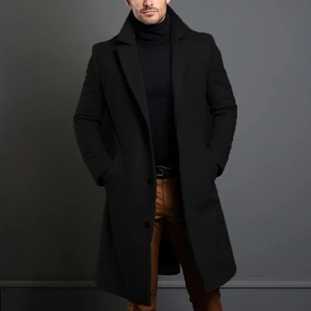 Men Woolen Coat Autumn Winter Single-breasted Long Sleeve Woolen Jacket Korean Casual Fashion Woolen Trench Coats Men Outwear