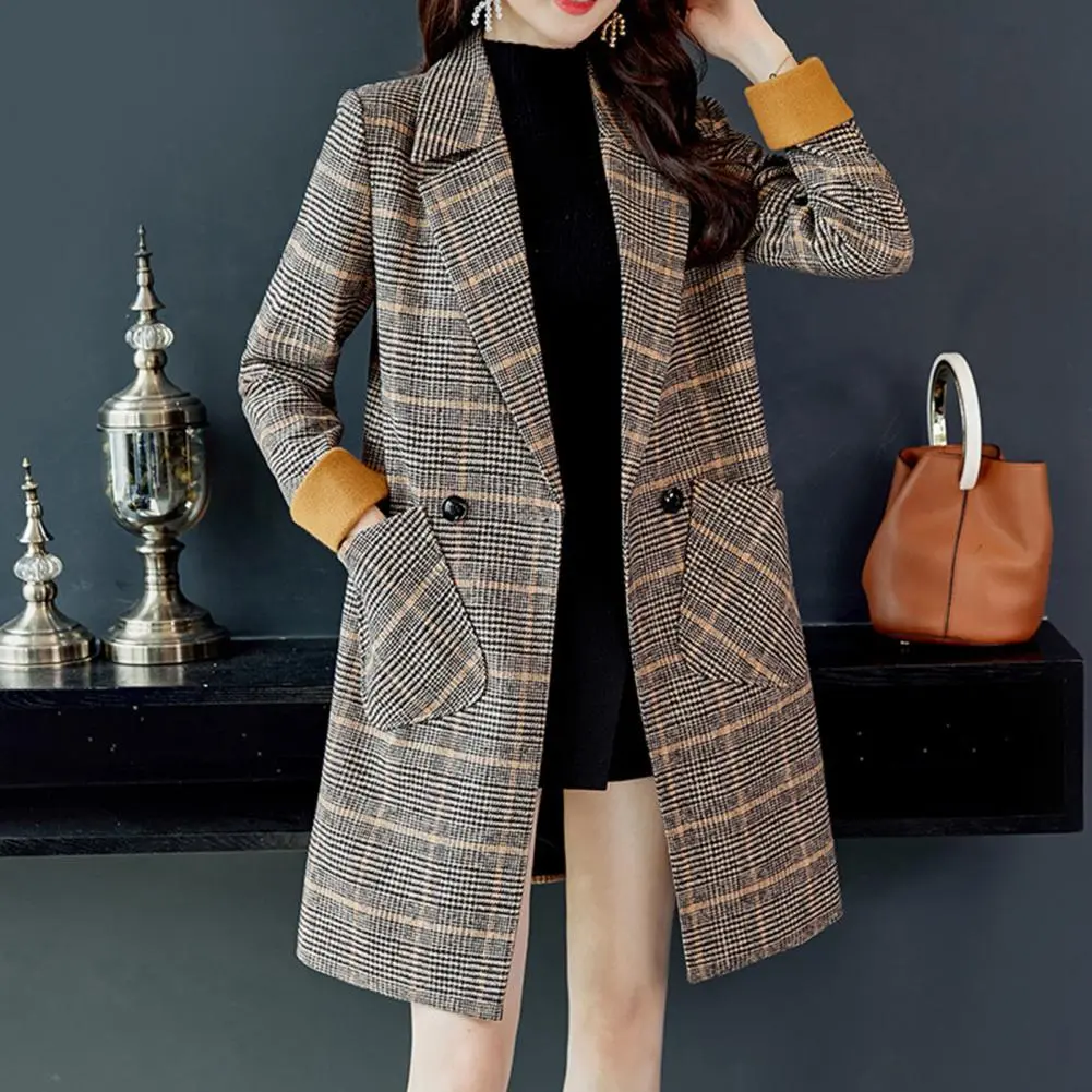 Plaid Print Woolen Coat For Women Double Buttons Retro Print Jacket Casual Women Jacket Lady Trench Coat Autumn Winter Coat
