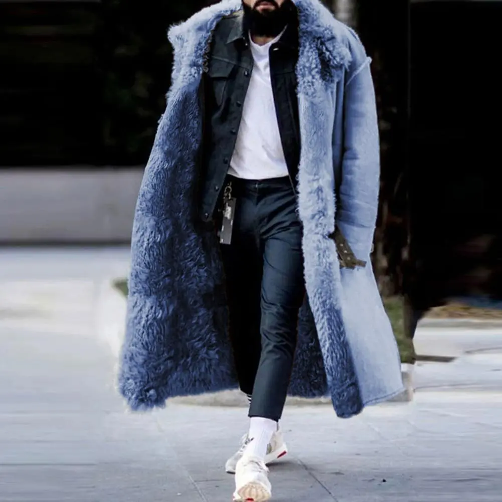Faux Fur Men jacket Buttons Mid-calf Length Men Winter Overcoat Thicken Plush Thermal Warm Men Coat Men's Furry Coat Outwear