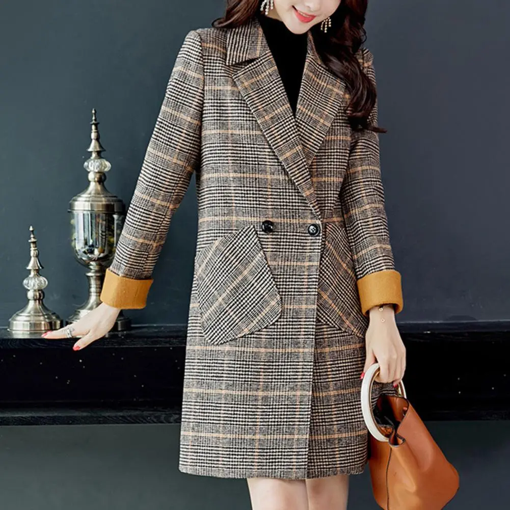Plaid Print Woolen Coat For Women Double Buttons Retro Print Jacket Casual Women Jacket Lady Trench Coat Autumn Winter Coat