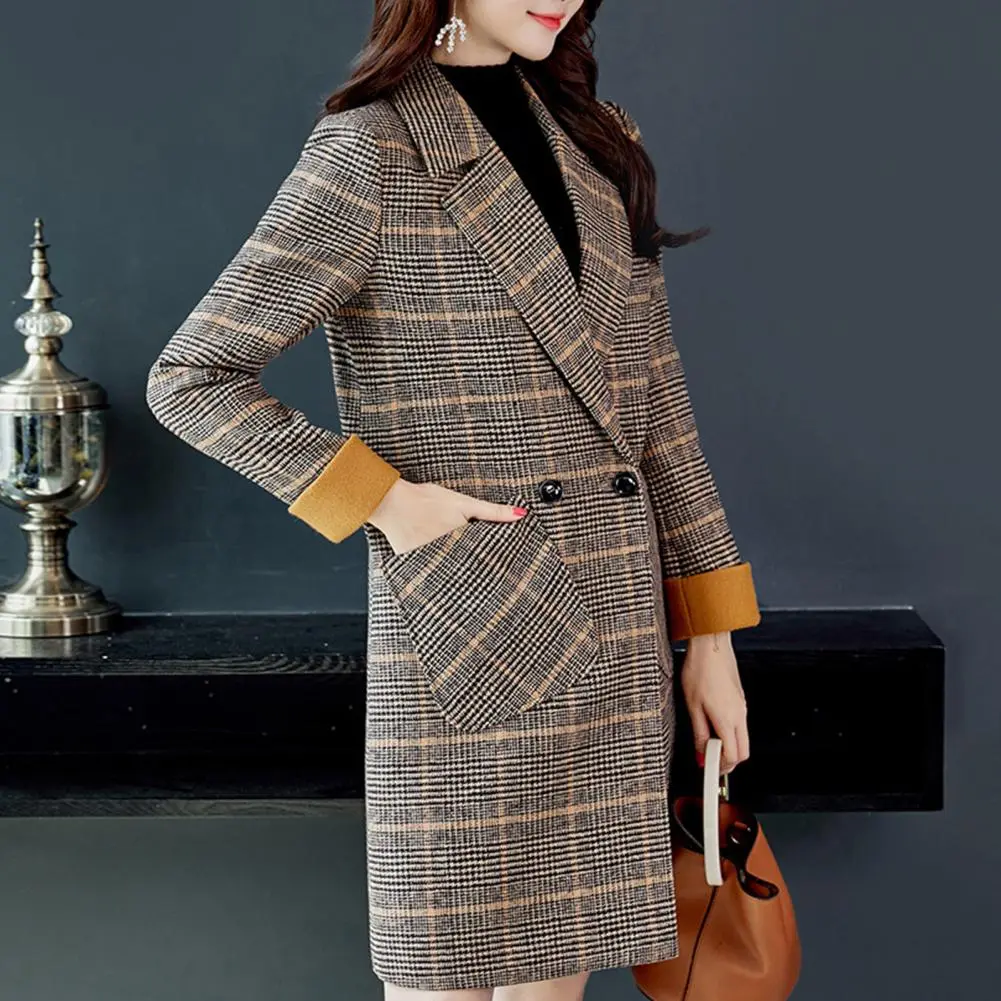 Plaid Print Woolen Coat For Women Double Buttons Retro Print Jacket Casual Women Jacket Lady Trench Coat Autumn Winter Coat