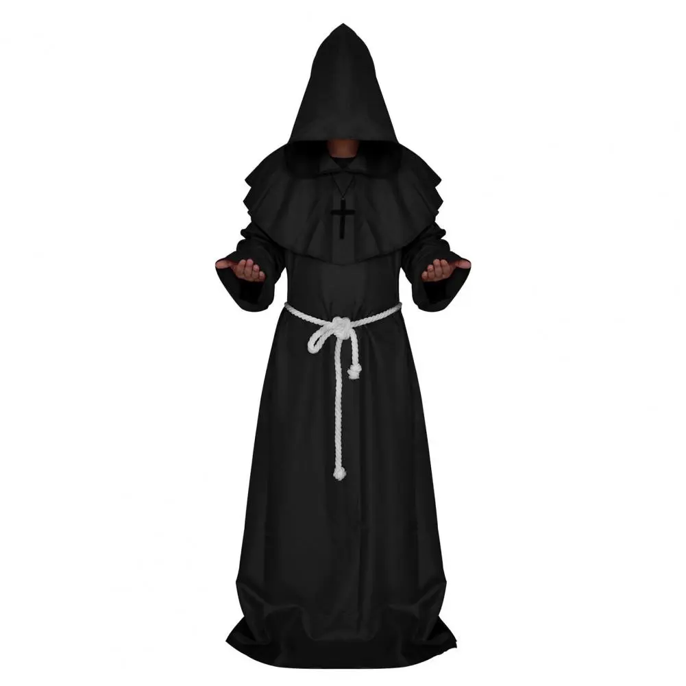 Friar Cloak Hooded Robe Friar Priest Monk Robe Halloween Costume for Adults Renaissance Sorcerer Cloak Cosplay Outfit for Men