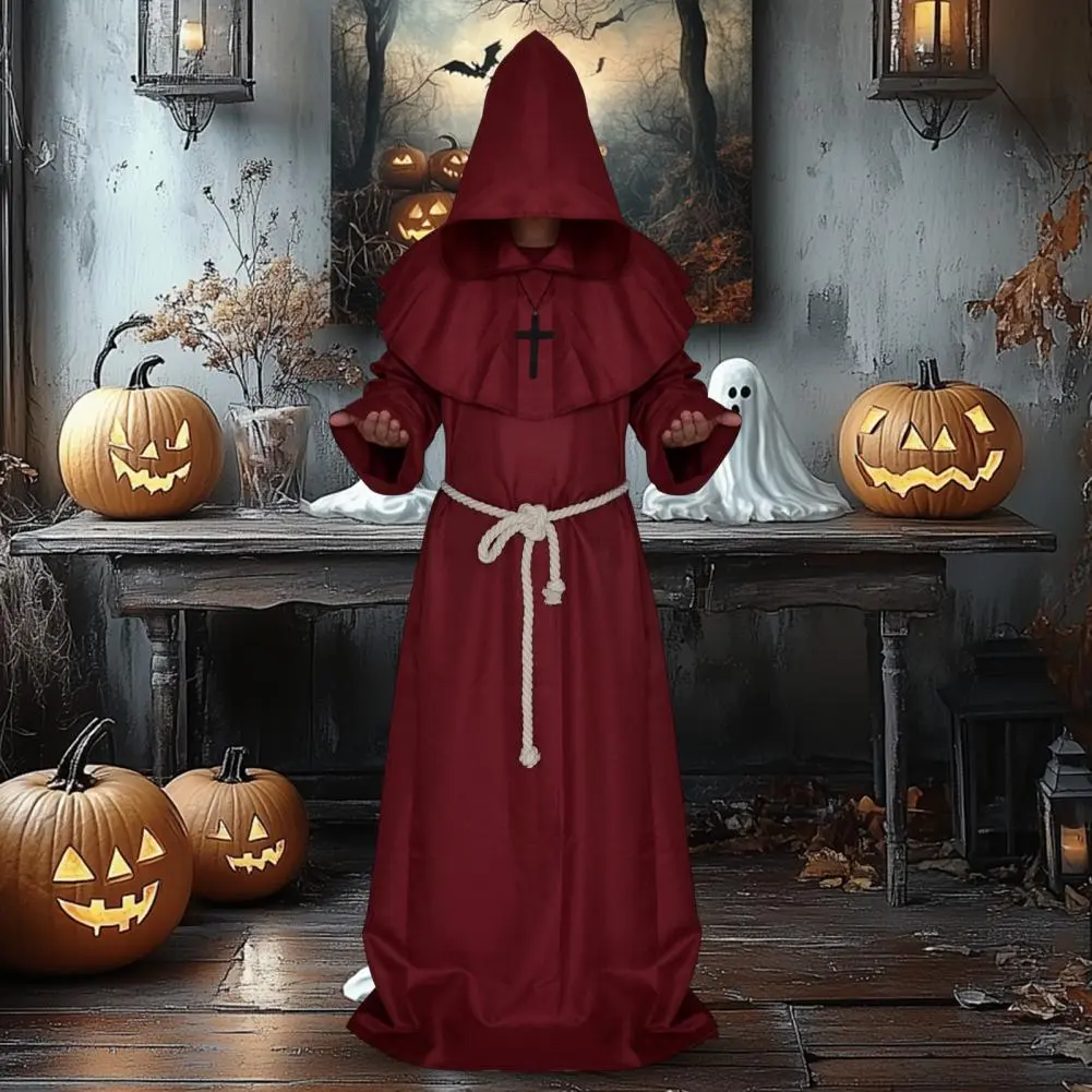 Friar Cloak Hooded Robe Friar Priest Monk Robe Halloween Costume for Adults Renaissance Sorcerer Cloak Cosplay Outfit for Men