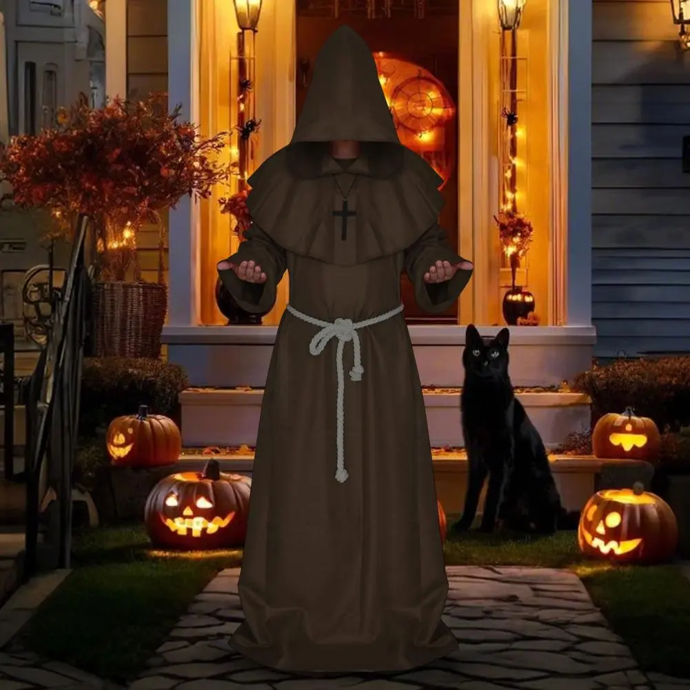Friar Cloak Hooded Robe Friar Priest Monk Robe Halloween Costume for Adults Renaissance Sorcerer Cloak Cosplay Outfit for Men