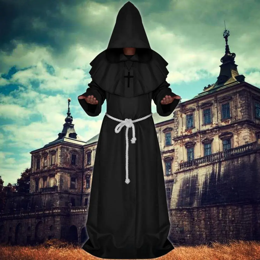 Friar Cloak Hooded Robe Friar Priest Monk Robe Halloween Costume for Adults Renaissance Sorcerer Cloak Cosplay Outfit for Men