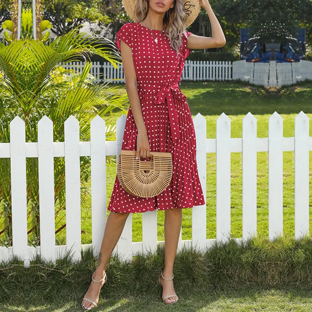 2025 Women Polka Dot Print Midi Dress Crewneck Short Sleeve A-line Dress With Belt Summer Sundress Trendy Polka Dot Midi Dress