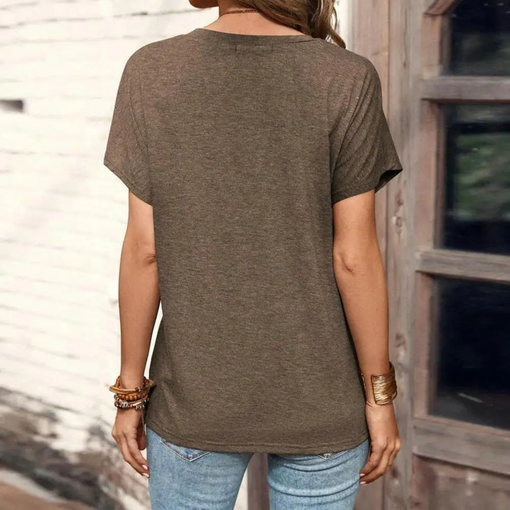 2025 Women Summer Stretchy T-shirt O-neck Buttons Half Placket T-shirt Short Sleeve Tees Solid Color Loose Fit Pullover Tops
