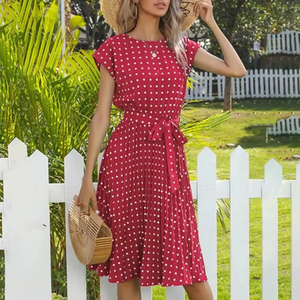 2025 Women Polka Dot Print Midi Dress Crewneck Short Sleeve A-line Dress With Belt Summer Sundress Trendy Polka Dot Midi Dress