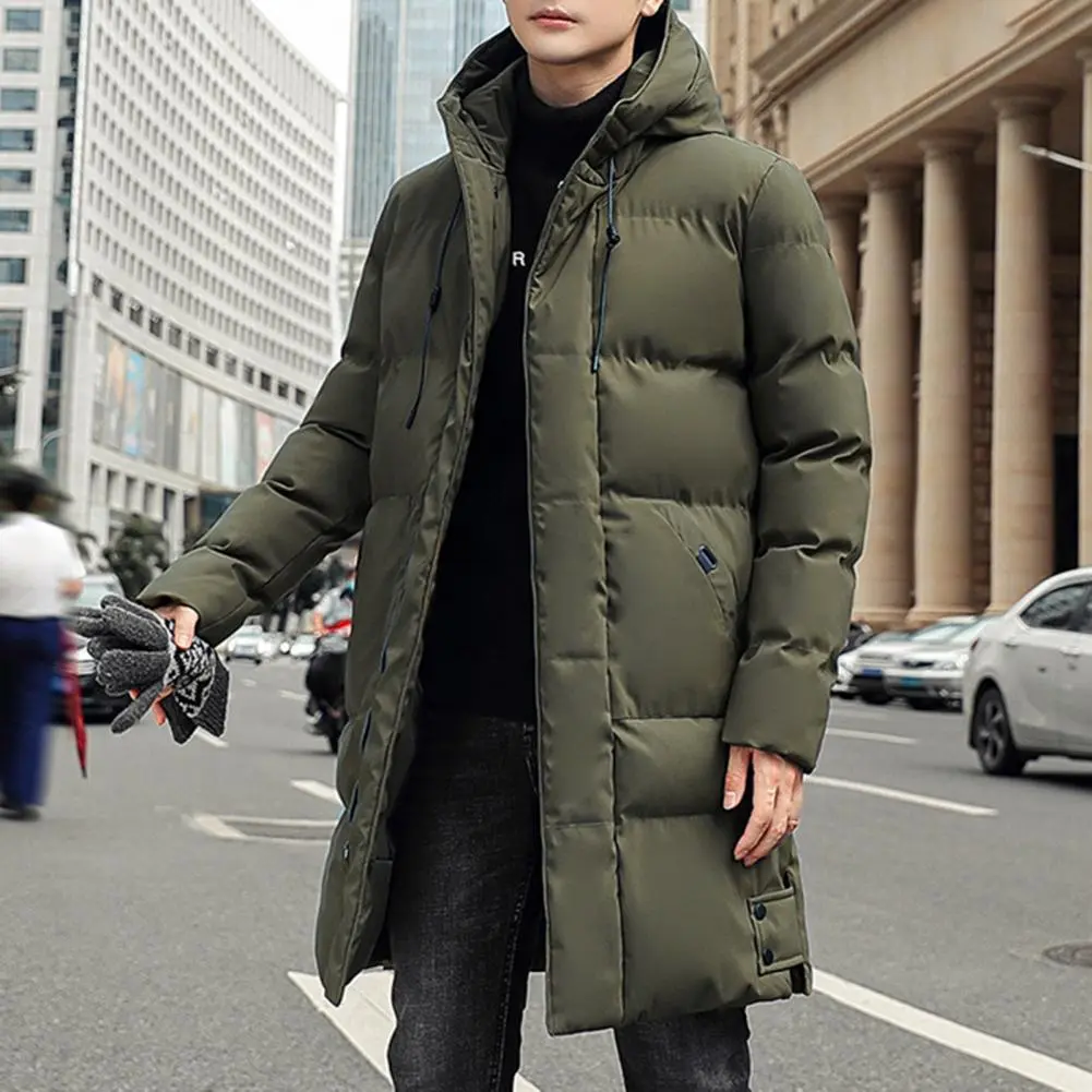 Winter Down Coat Hooded Thickened Padded Men Parkas Keep Warm Midi Length Zip Up Men Winter Cotton Coat Korean Style Overcoat