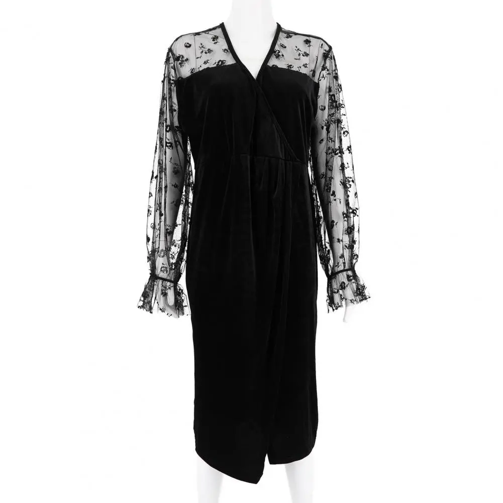 V-neck Dress Lace Mesh Women Dress Elegant Plus Size V-neck Lace Bodycon Dress Women's Fashion for Autumn/winter Long Sleeve