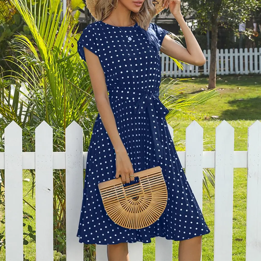 2025 Women Polka Dot Print Midi Dress Crewneck Short Sleeve A-line Dress With Belt Summer Sundress Trendy Polka Dot Midi Dress