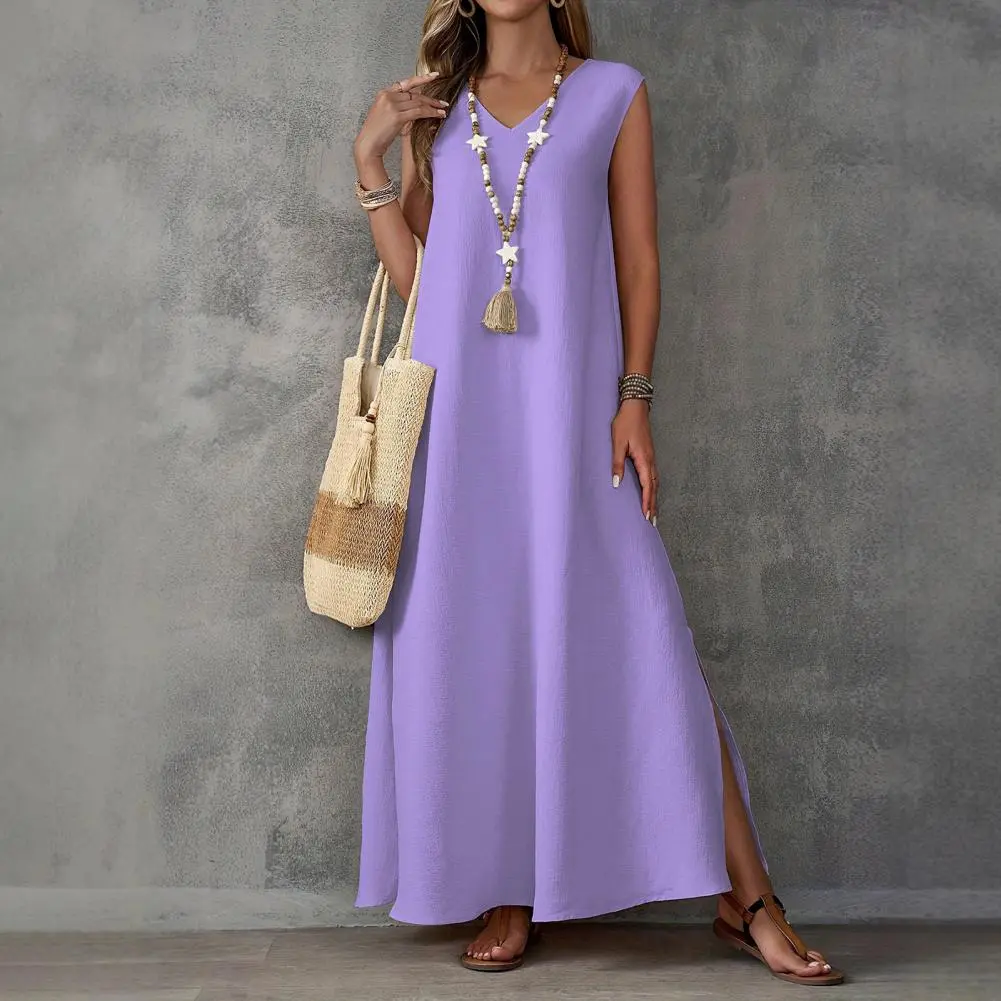 2025 new Women's Sleeveless Maxi Dress V-Neck Side Slit Long Dress Summer Casual Swing Dress Boho Beach Vacation Sundress